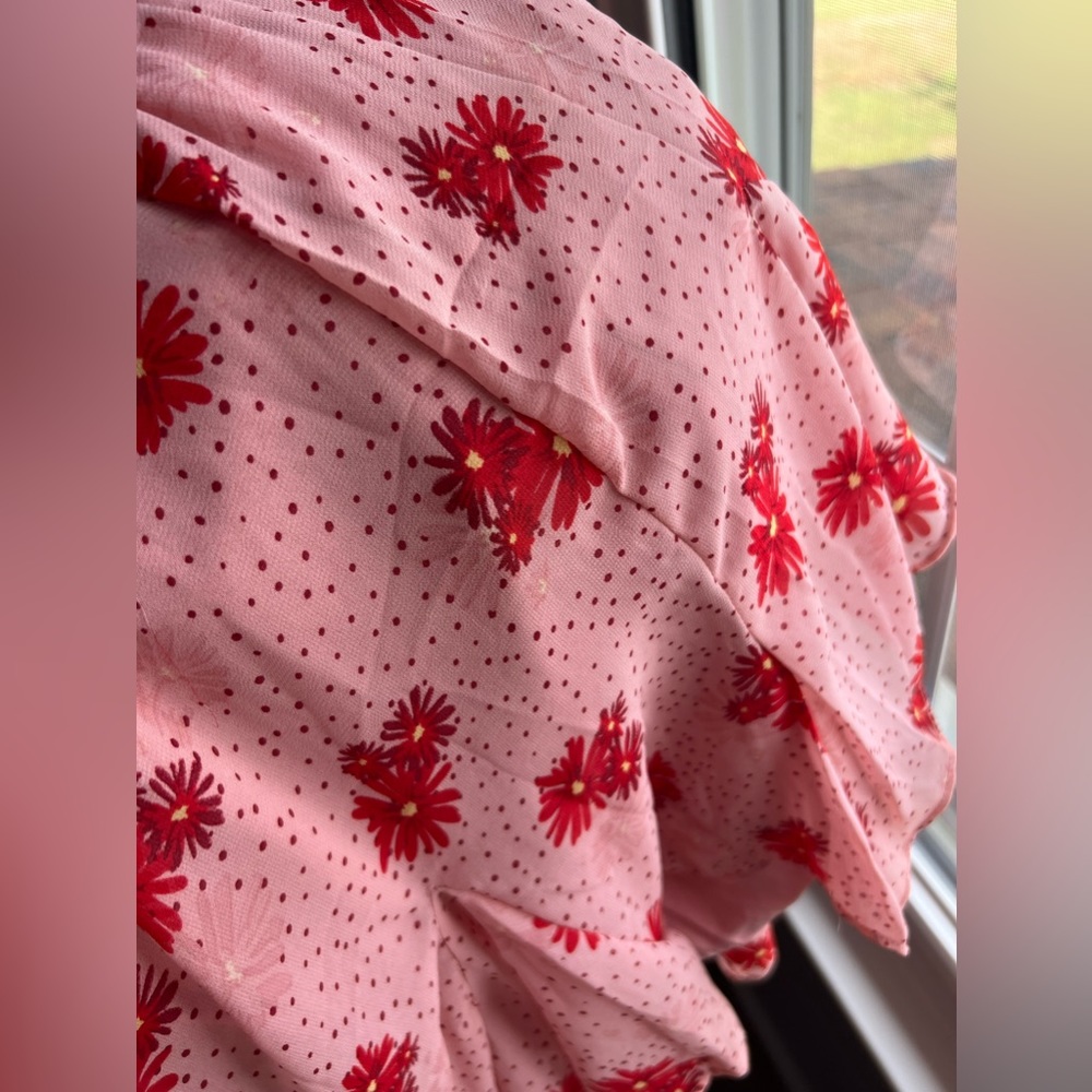 Light pink with red flowers, off the shoulder romper